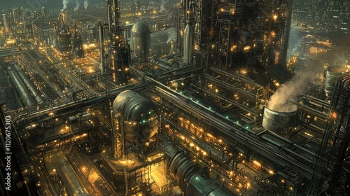 Massive chemical processing plant with pipelines, silos, and complex structures