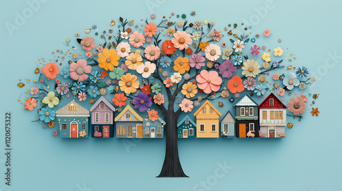 A Blooming Community: A whimsical papercraft tree, adorned with colorful flowers and tiny houses, signifies the unity and growth of a vibrant community.   photo