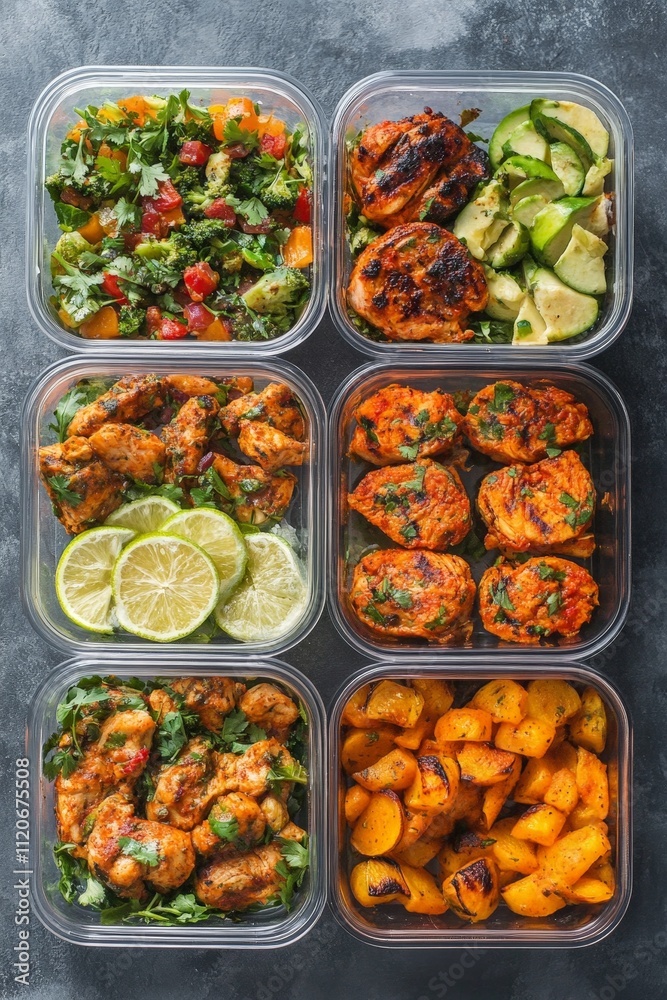 Meal prep containers with balanced, nutritious meals for the week Meal prep containers with balanced, nutritious meals for the week