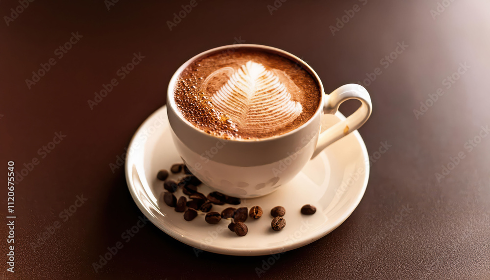 Fototapeta premium Latte art coffee cup with coffee beans on a saucer, mocha mousse color
