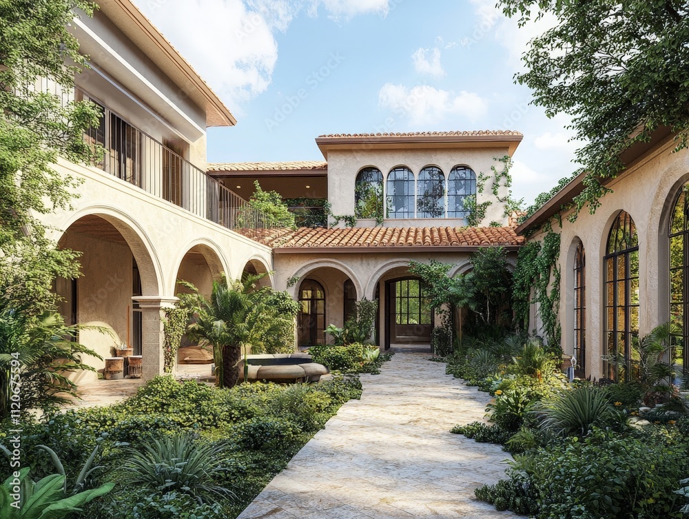 Fototapeta premium Mediterranean villa with terracotta roofs, arched windows, and a garden courtyard filled with greenery