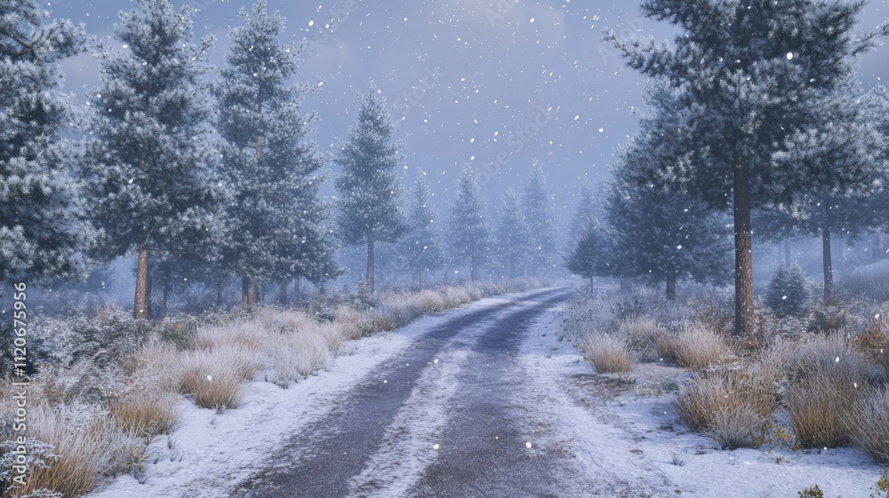 A serene winter landscape with a snowy path winding through pine trees. A serene winter landscape with a snowy path winding through pine trees.