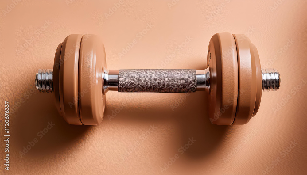 Brown dumbbell with textured handle on neutral background, mocha mousse color Brown dumbbell with textured handle on neutral background, mocha mousse color