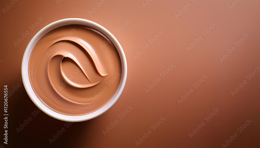 Creamy milk chocolate pudding in a white bowl on a brown background, mocha mousse color Creamy milk chocolate pudding in a white bowl on a brown background, mocha mousse color