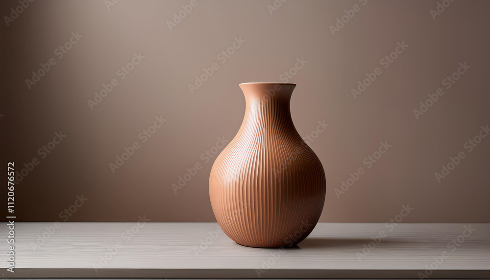 Elegant brown ceramic vase on minimalist beige background, mocha mousse color