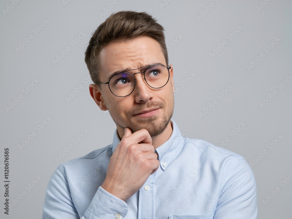 A high-resolution studio shot of a man with short brown hair and a beard, wearing round glasses and a light blue button-down shirt. generative ai A high-resolution studio shot of a man with short brown hair and a beard, wearing round glasses and a light blue button-down shirt. generative ai