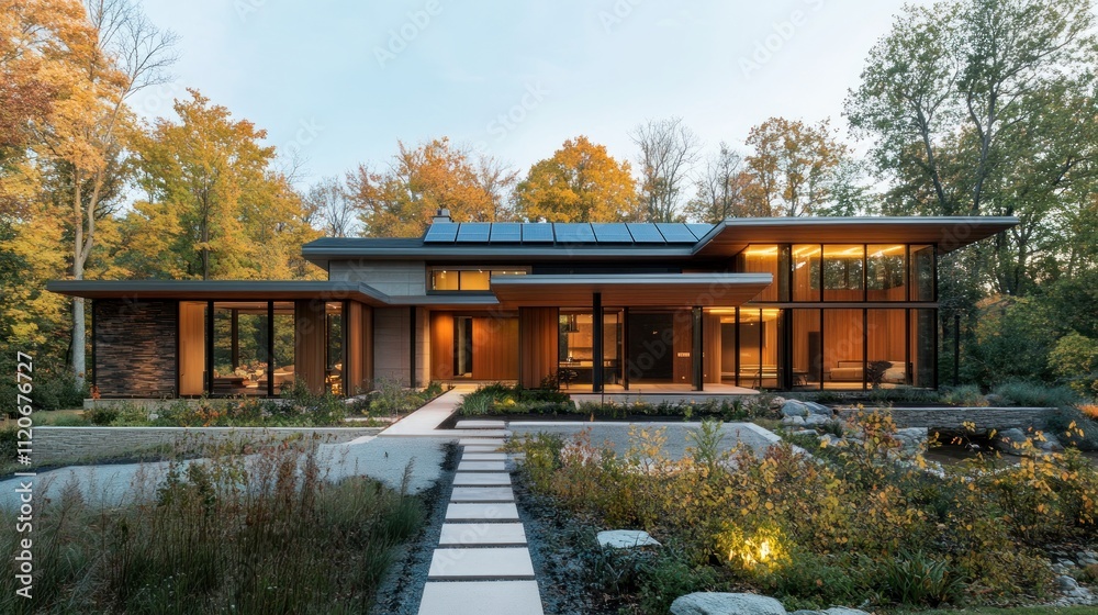Fototapeta premium Modern house surrounded by trees, featuring large windows and a solar panel roof.