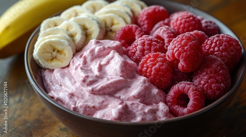 Raspberry banana cream bowl. photo