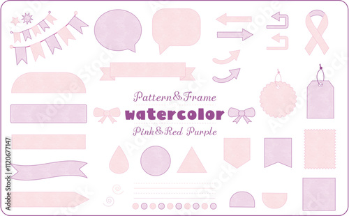watercolor（水彩）パターン＆フレーム（ピンク＆レッドパープル）