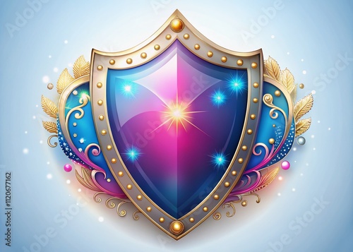Breathtaking long exposure clipart of a shield adorned with a blue and pink gradient, embellished with gem decorations and luxurious golden accents for creative projects.