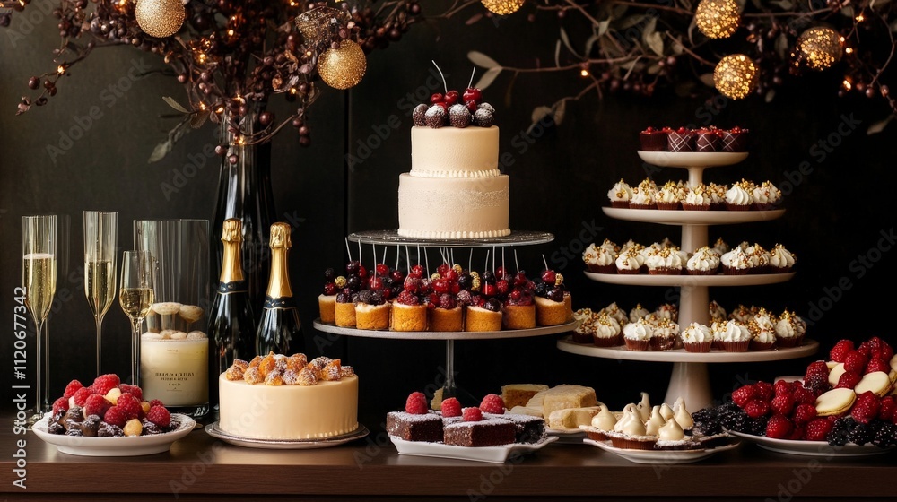 New Year dessert table with champagne, festive cakes, and sweets New Year dessert table with champagne, festive cakes, and sweets