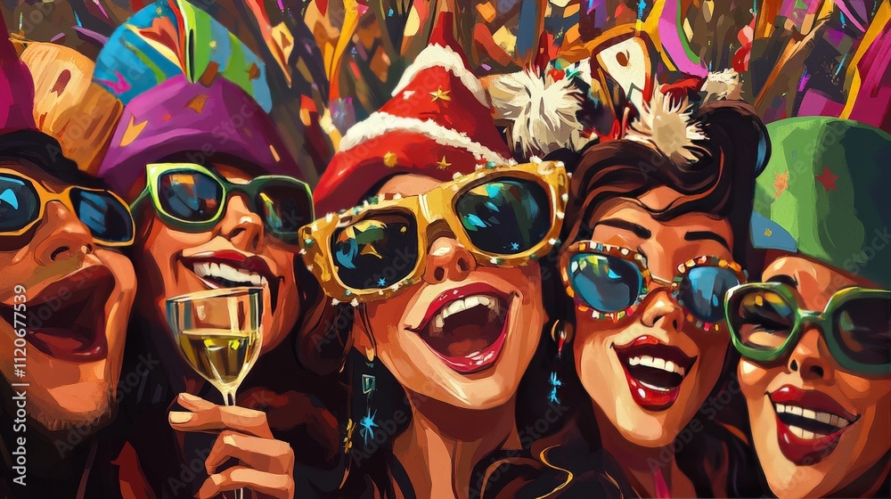 Fototapeta premium New Yearselfie with friends in festive hats and celebratory glasses