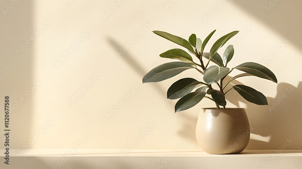 Serene Minimalist Plant Still Life: A Ficus Plant in a Beige Pot Serene Minimalist Plant Still Life: A Ficus Plant in a Beige Pot