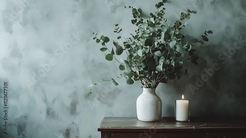 Serene Still Life: Eucalyptus, Candle, and Tranquil Atmosphere