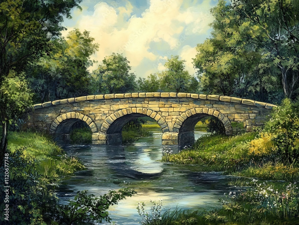 Old stone bridge with graceful arches spanning a quiet river Old stone bridge with graceful arches spanning a quiet river