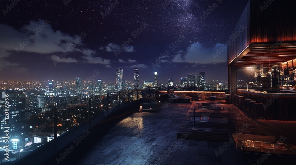 Fototapeta premium Open-air rooftop restaurant overlooking a beautiful nighttime skyline
