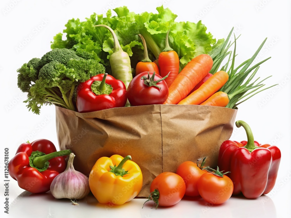 Bright, fresh vegetables in a grocery bag on a white backdrop, showcasing organic produce, healthy eating, and vibrant farm-to-table ingredients for nutritious culinary creations. Bright, fresh vegetables in a grocery bag on a white backdrop, showcasing organic produce, healthy eating, and vibrant farm-to-table ingredients for nutritious culinary creations.