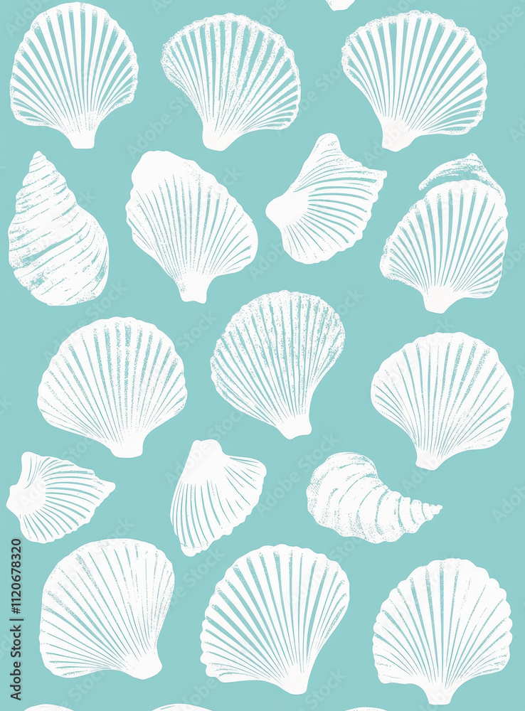Stenciled Seashell Outline on Pale Blue Background Stenciled Seashell Outline on Pale Blue Background