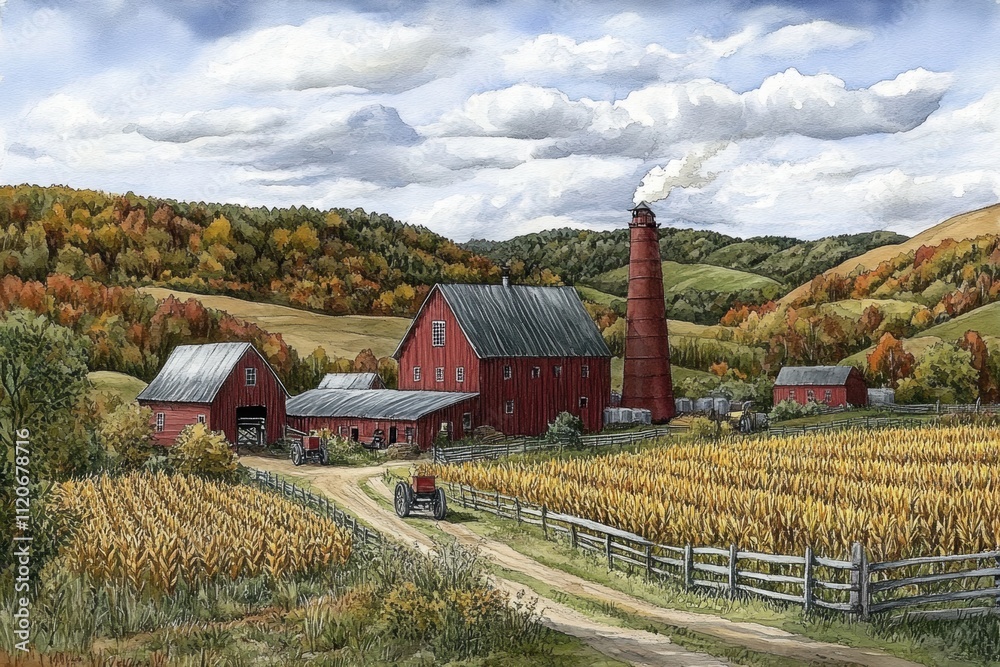 Harvesting season at a quaint red farm countryside landscape digital art autumn vibes aerial view rustic charm Harvesting season at a quaint red farm countryside landscape digital art autumn vibes aerial view rustic charm