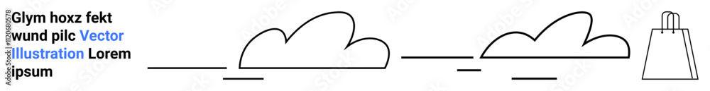 Two simplistic clouds, horizontal lines, and text to the left. Additional element shopping bag. Ideal for presentations, branding, minimalistic design, web graphics, infographics marketing social Two simplistic clouds, horizontal lines, and text to the left. Additional element shopping bag. Ideal for presentations, branding, minimalistic design, web graphics, infographics marketing social