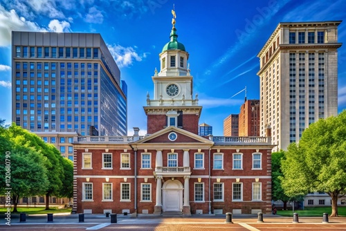 Captivating minimalist photography of Philadelphia's iconic Independence Hall and Liberty Bell, framed by a brilliant blue sky, celebrates their historic charm in summer's glory.