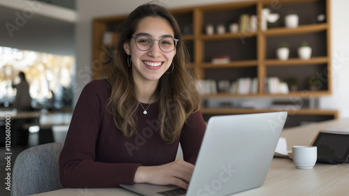 Young businesswoman professional employee using pc doing online banking analysing at workplace. Latin hispanic middle age business woman working on laptop computer in modern office. Banner, copy space photo