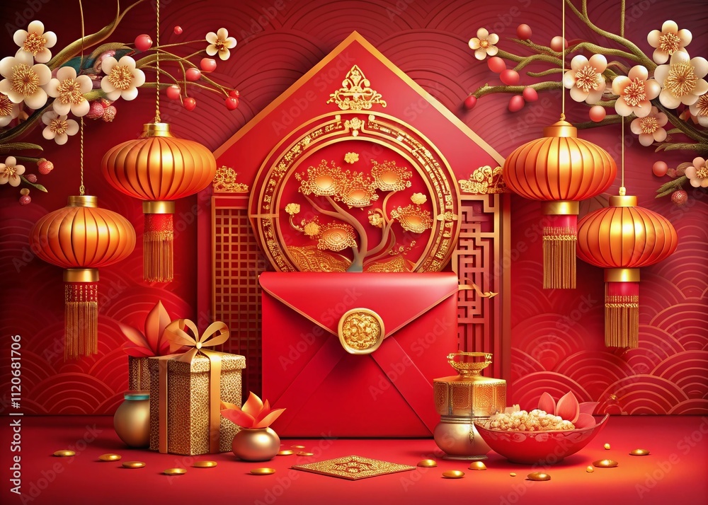 Celebrate Lunar New Year with this exquisite open red envelope adorned with gold floral designs and lantern motifs, perfect for gifting and spreading joy.