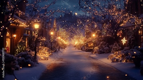 Snow-covered street lit up with holiday lights, creating a magical atmosphere