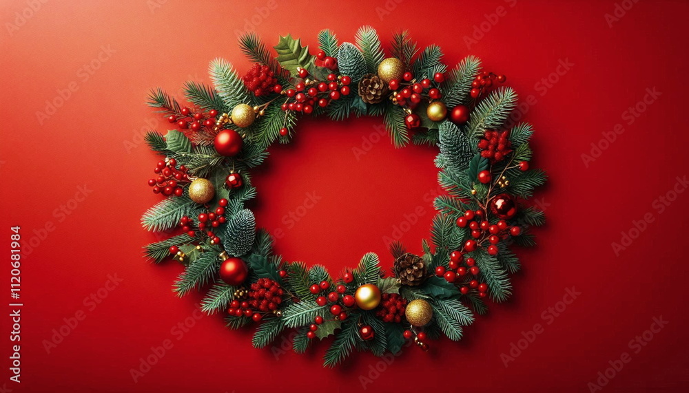 christmas wreath on red background