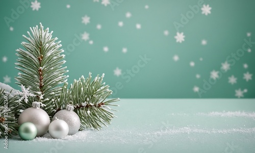 크리스마스와 겨울 분위기 푸른 배경에 눈 덮인 소나무 가지와 흰색 눈송이 장식