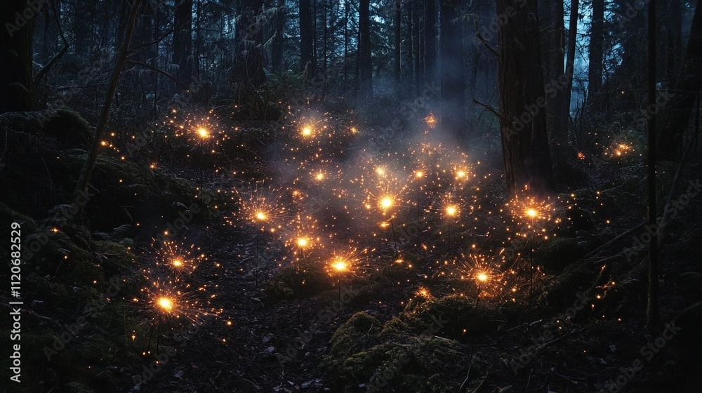 Sparklers lighting up in a dark forest, creating a magical New Year moment Sparklers lighting up in a dark forest, creating a magical New Year moment