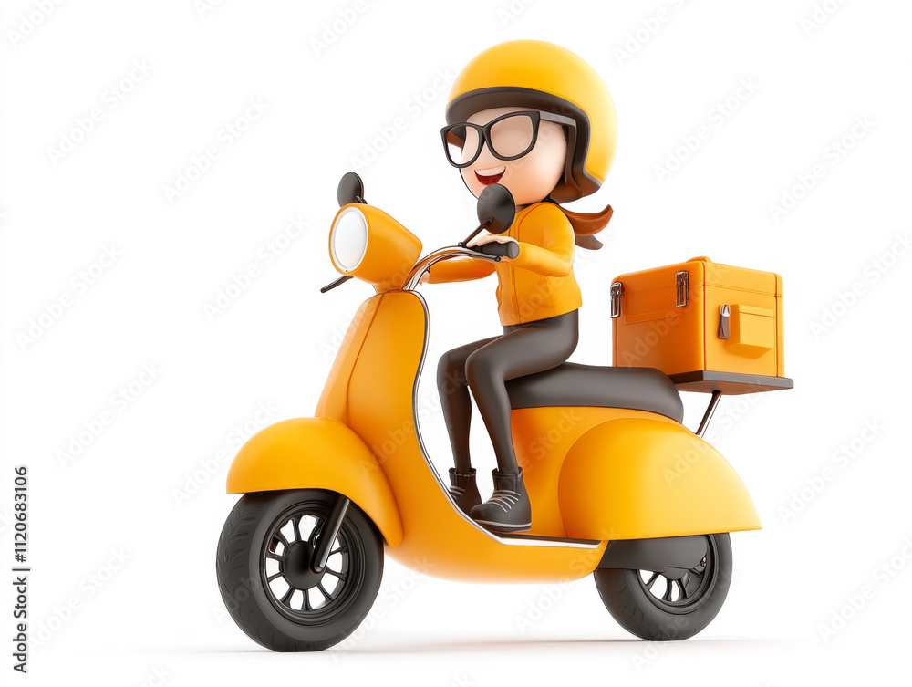 cheerful delivery person riding yellow scooter, wearing helmet and glasses, with delivery box cheerful delivery person riding yellow scooter, wearing helmet and glasses, with delivery box