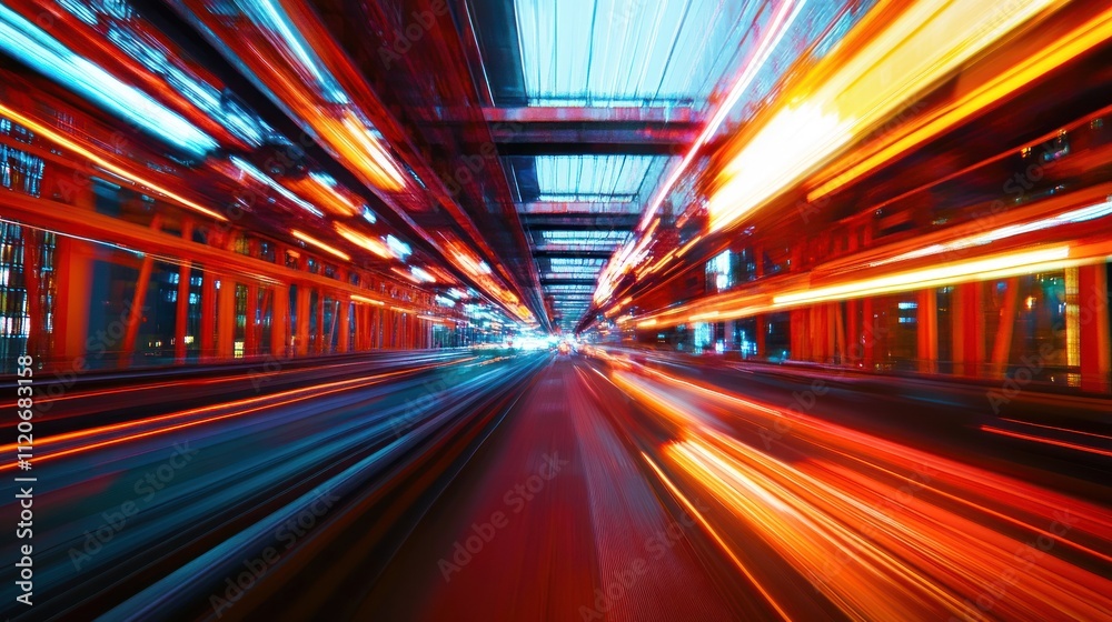 A dynamic, blurred image showcasing vibrant light trails in an urban setting. A dynamic, blurred image showcasing vibrant light trails in an urban setting.