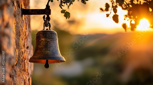 Rustic bronze bell on stone wall at sunset. photo