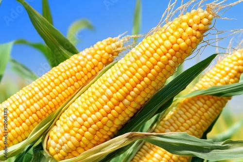 Stalks of golden corn under a clear blue sky, ready for harvest