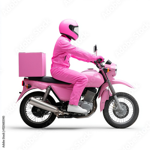 delivery rider in pink outfit rides pink motorcycle, showcasing vibrant and playful style. motorcycle features delivery box, emphasizing delivery theme photo