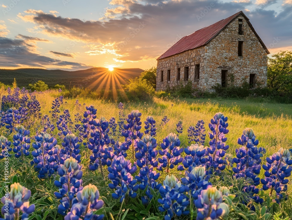A field of bluebonnets in front of an old stone building with sunset lighting A field of bluebonnets in front of an old stone building with sunset lighting