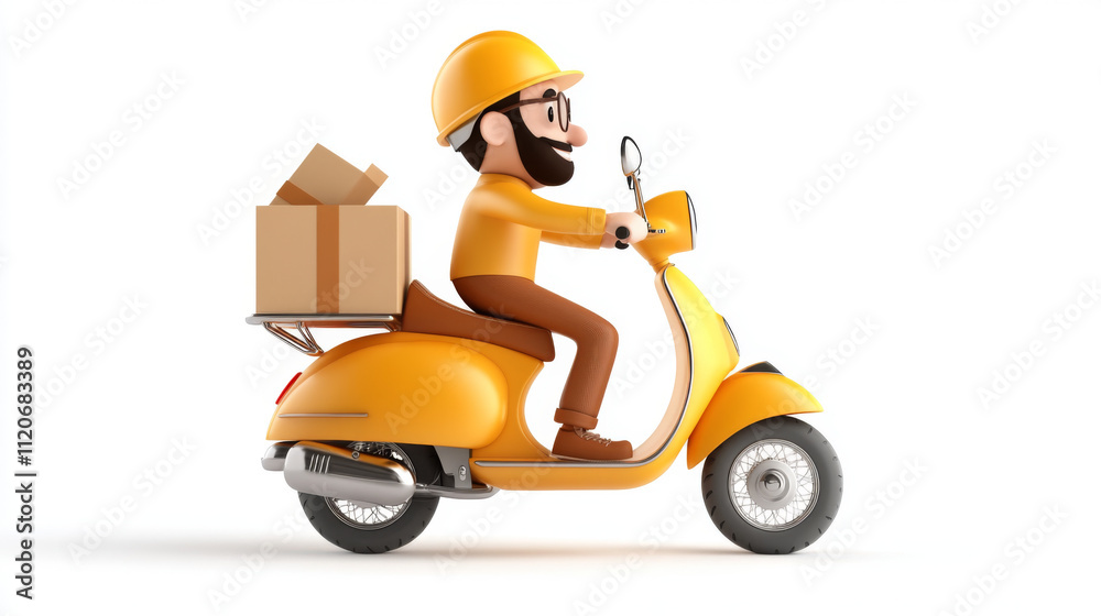 cheerful delivery man rides yellow scooter with box, showcasing fun and vibrant delivery service cheerful delivery man rides yellow scooter with box, showcasing fun and vibrant delivery service