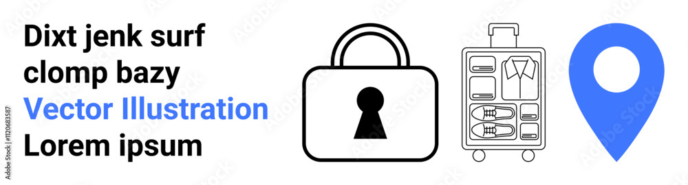 Lock, packed suitcase, and blue location marker suggest travel security themes. Ideal for travel planning, tourism safety, luggage protection, navigation, security apps, journey management vacation Lock, packed suitcase, and blue location marker suggest travel security themes. Ideal for travel planning, tourism safety, luggage protection, navigation, security apps, journey management vacation