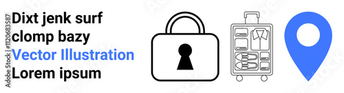 Lock, packed suitcase, and blue location marker suggest travel security themes. Ideal for travel planning, tourism safety, luggage protection, navigation, security apps, journey management vacation