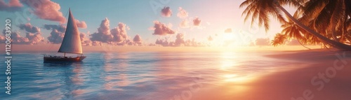 Sailing into the sunseta tranquil voyage over tropical waters beachside landscape photography serene environment photo