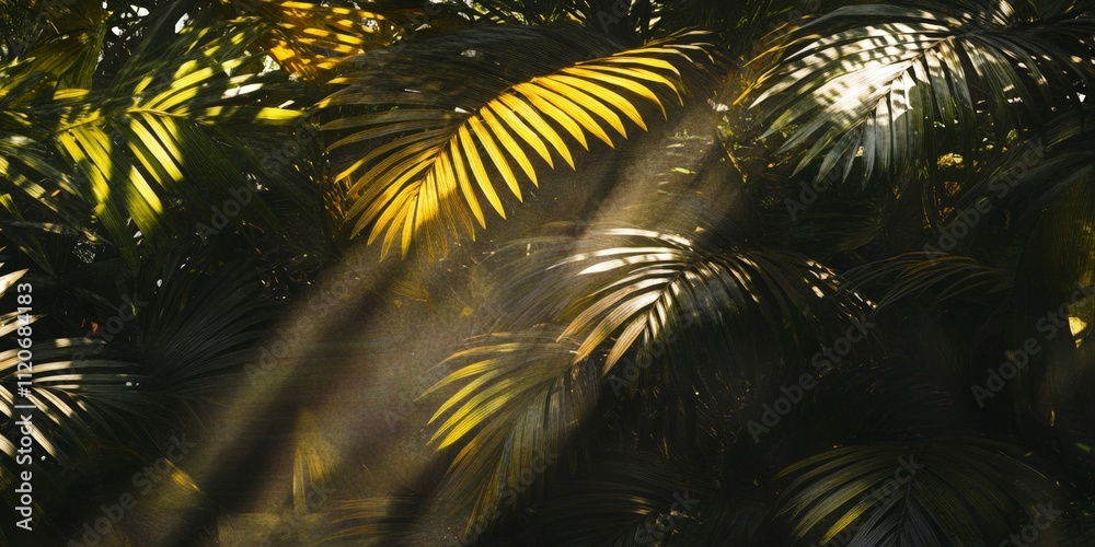 Fototapeta premium Sunlight filtering through palm leaves, creating shadow patterns