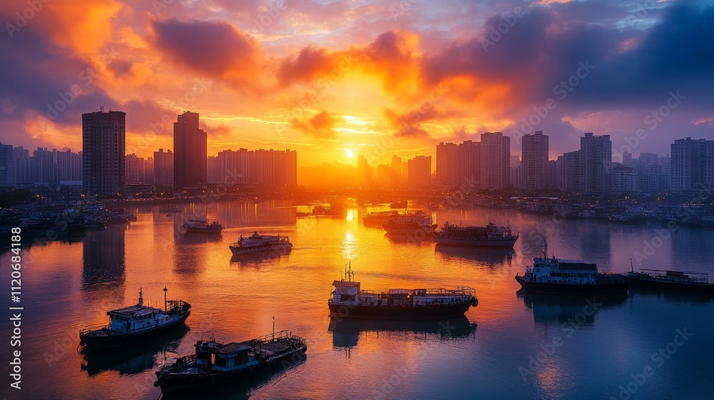 Naklejka premium Sunrise over a bustling city harbor with boats and morning lights