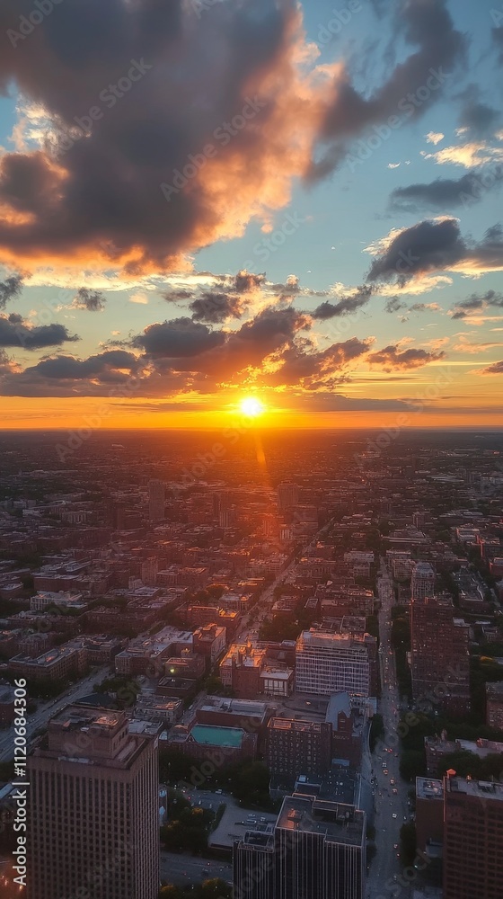 Sunset view from a tall building overlooking a sprawling cityscape