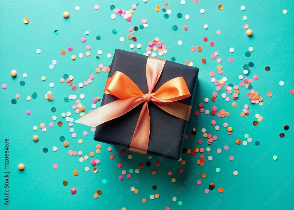 Chic black gift box featuring a soft peach ribbon, nestled on a turquoise background, encircled by playful colorful confetti, creating a delightful atmosphere for any celebration. Chic black gift box featuring a soft peach ribbon, nestled on a turquoise background, encircled by playful colorful confetti, creating a delightful atmosphere for any celebration.