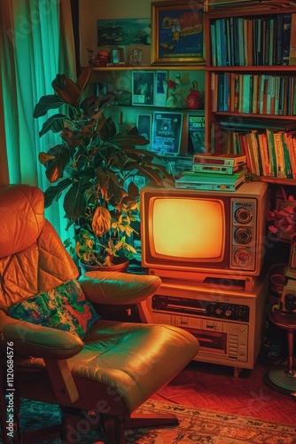 Retro Living Room Vintage TV Bookshelf Plant Chair 80s Decor