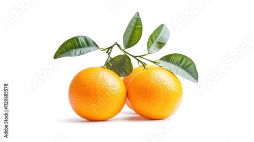 Two ripe oranges with green leaves on a white background.