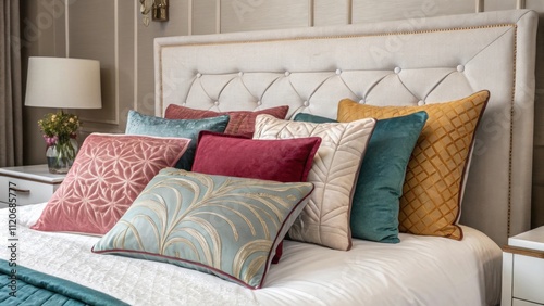 Decorative cushions ranging in size and shape are artfully p against the headboard showcasing a mix of colors and textures that contribute to the sumptuous feel of the sleeping