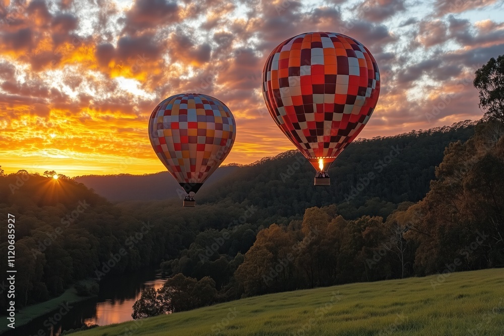 Fototapeta premium Sunset Hot Air Balloons Over Scenic Landscape by Generative Ai