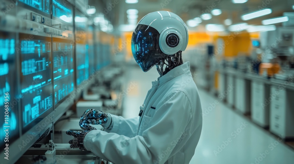 Robot in a lab coat interacting with digital displays in a lab. Robot in a lab coat interacting with digital displays in a lab.